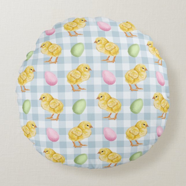 Yellow Chicks And Eggs On Blue Gingham Pattern Round Pillow (Front)