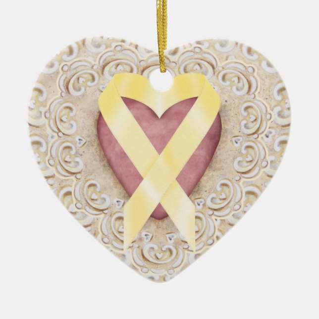 Yellow Childhood Cancer Ribbon From the Heart - SR Ceramic Ornament (Front)