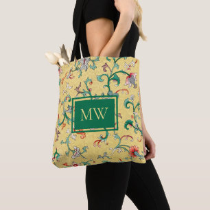 Yellow Chinese Floral Custom Monogram Tote Bag