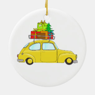 Yellow Christmas car towing tree Ceramic Ornament