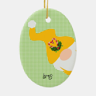 yellow christmas gnome pattern name chequered funn ceramic ornament