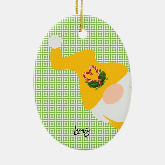 yellow christmas gnome pattern name chequered funn ceramic ornament (Back)