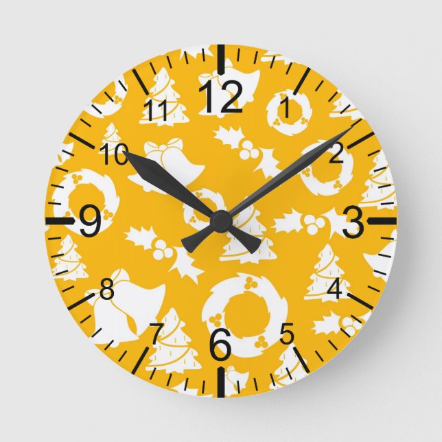 Yellow Christmas Pattern Round Clock (Front)