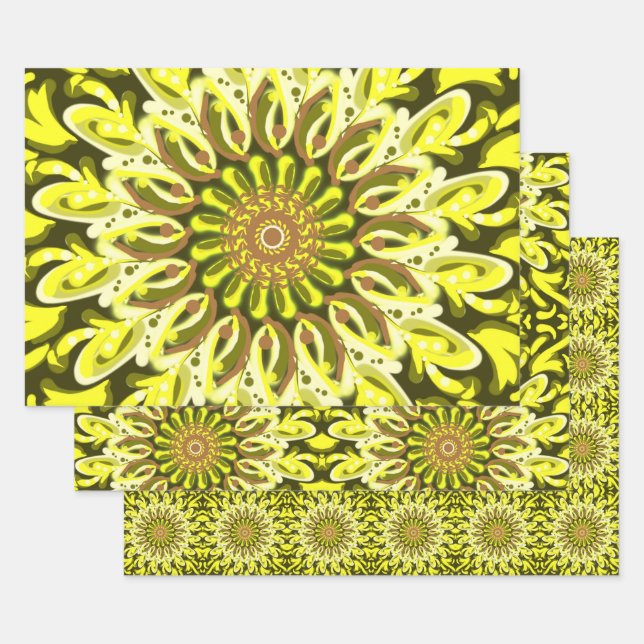 Yellow Chrysanthemum Floral Patterned Abstract  Wrapping Paper Sheet (Set)