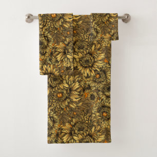 Yellow chrysanthemum flowers and orange beetles bath towel set