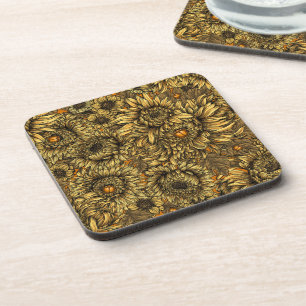 Yellow chrysanthemum flowers and orange beetles coaster