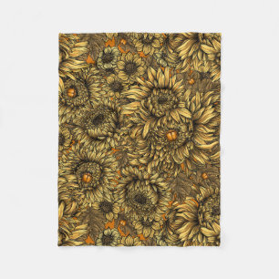 Yellow chrysanthemum flowers and orange beetles fleece blanket