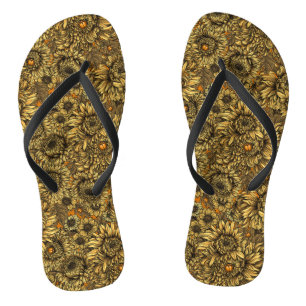 Yellow chrysanthemum flowers and orange beetles flip flops