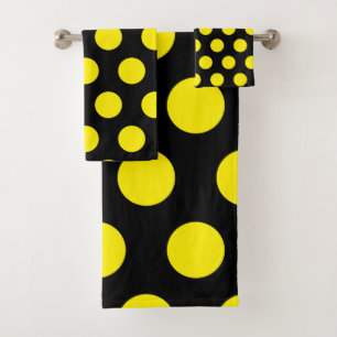 Yellow Circles on Black Background Bath Towel Set