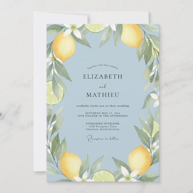 Yellow Citrus Eucalyptus Wedding Invitation (Front)