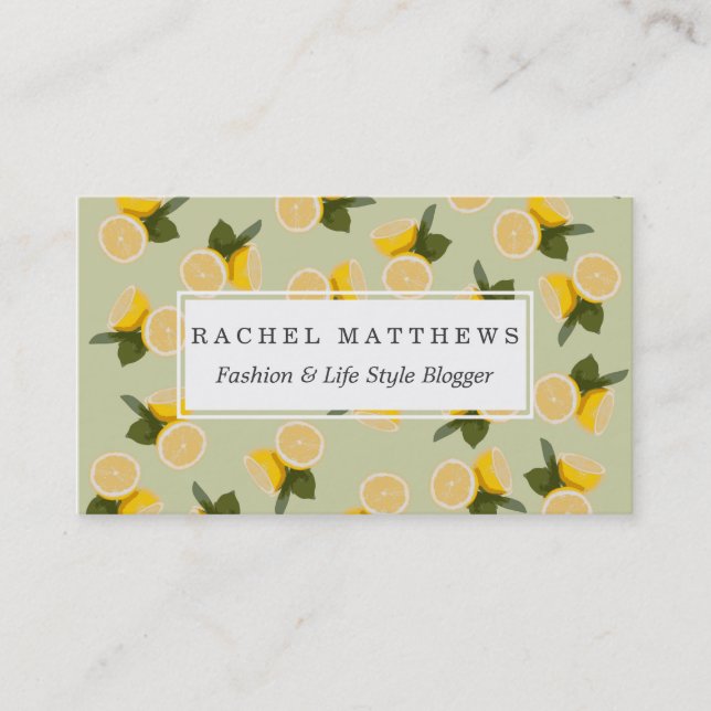 Yellow Citrus Lemon Fruit on Pale Lime Green Business Card (Front)