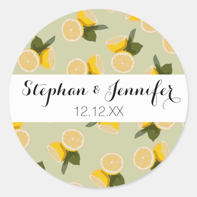 Yellow Citrus Lemon Fruit on Pale Lime Green Classic Round Sticker (Front)