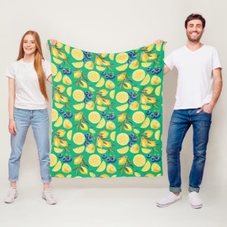 Yellow Citrus lemons and Blueberry Patterns Fleece Blanket