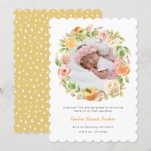 Yellow Citrus Rose Wreath Floral Photo Birth  Announcement