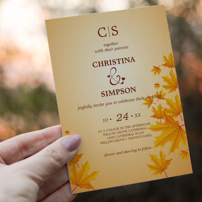Yellow Classic autumn maple leaves wedding   Invitation (Yellow Classic autumn maple leaves wedding Invitation)