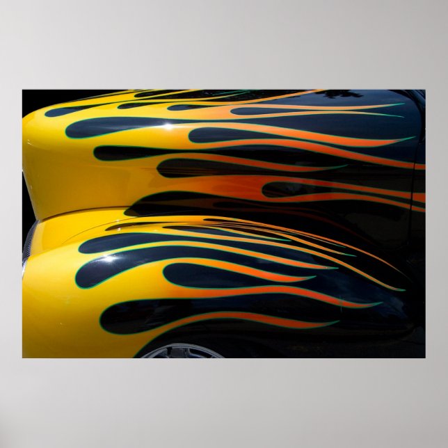 Yellow Classic Car Flames Poster (Front)
