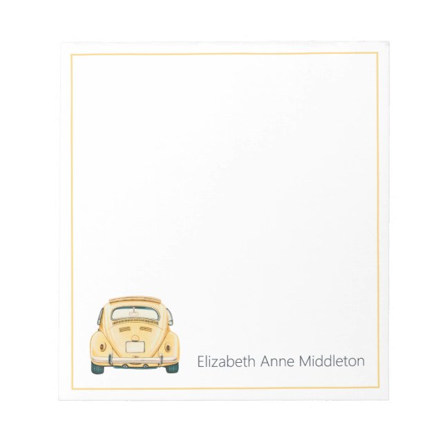 Yellow Classic Vintage Buggy Bug Car Personalized Notepad (Front)