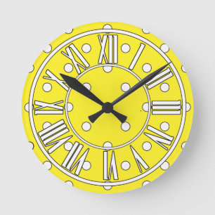 Yellow Clock with White Dots and Roman Numerals