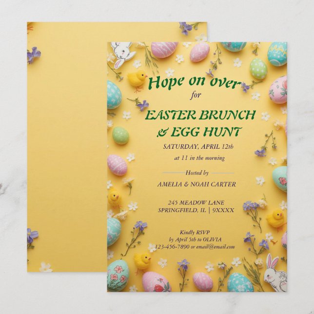 Yellow colorful  Easter BRUNCH & HUNT Invitation (Front/Back)