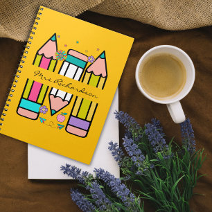 Yellow Colorful teacher name pencil cartoon  Notebook