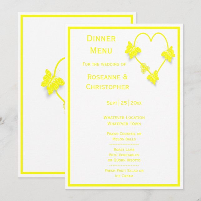 Yellow Coloured Butterflies Heart Design Wedding Menu (Front/Back)