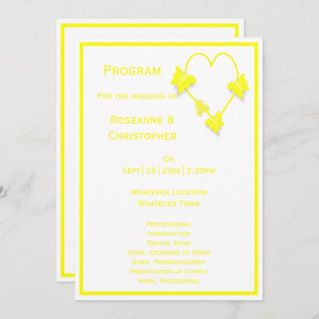 Yellow Coloured Butterflies Heart Design Wedding Program (Front/Back)