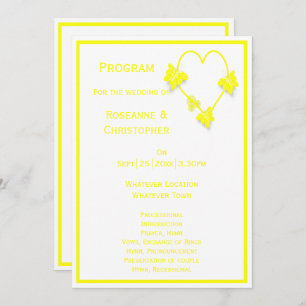 Yellow Coloured Butterflies Heart Design Wedding Program