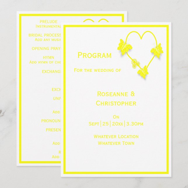 Yellow Coloured Butterflies Heart Design Wedding Program (Front/Back)