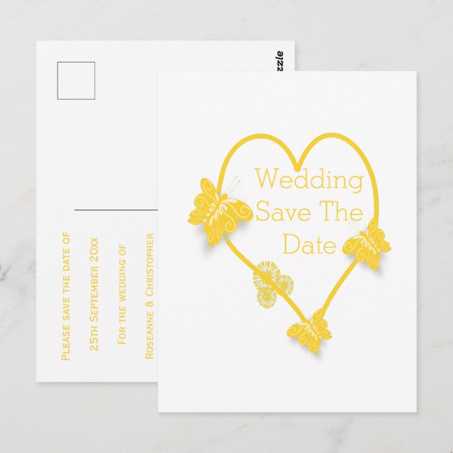 Yellow Coloured Butterfly Heart Save The Date Postcard (Front/Back)