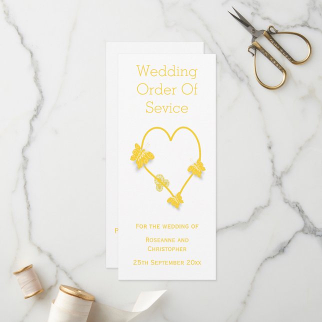 Yellow Coloured Butterfly Heart Wedding Program (Front/Back In Situ)