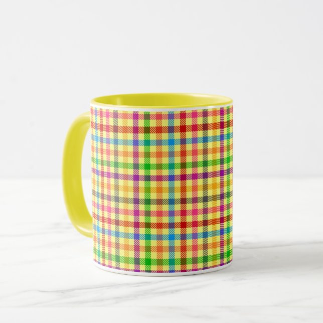 Yellow Colourful Gingham Plaid Pattern  Mug (Front Left)