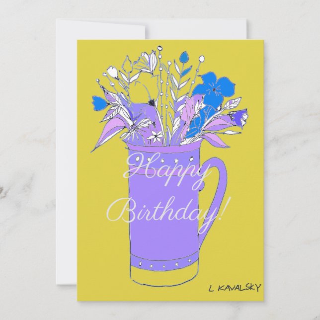 Yellow Colourful Happy Birthday Flowers In Mug  Holiday Card (Front)