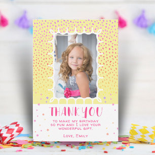 Yellow Colourful Stars Birthday Kids Girl Photo Thank You Card