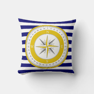 Yellow Compass Rose Blue and White Stripe Throw Pillow