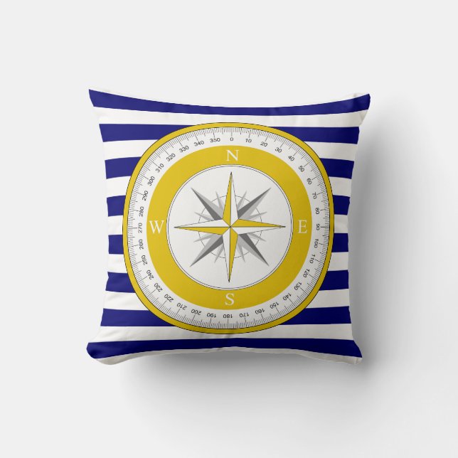 Yellow Compass Rose Blue and White Stripe Throw Pillow (Front)