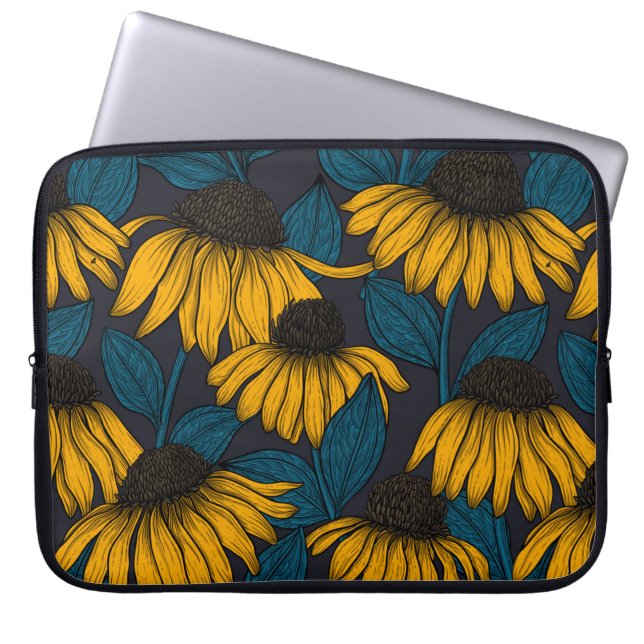 Yellow coneflowers on dark blue laptop sleeve (Front)