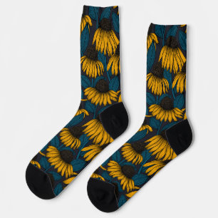 Yellow coneflowers on dark blue socks