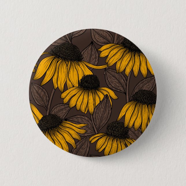 Yellow coneflowers on dark brown 2 inch round button (Front)