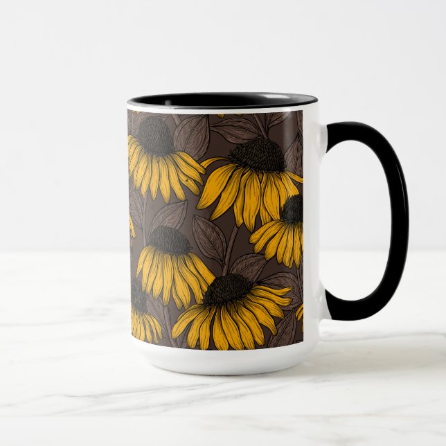 Yellow coneflowers on dark brown mug (Right)