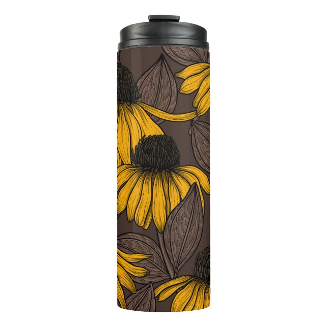 Yellow coneflowers on dark brown thermal tumbler (Front)