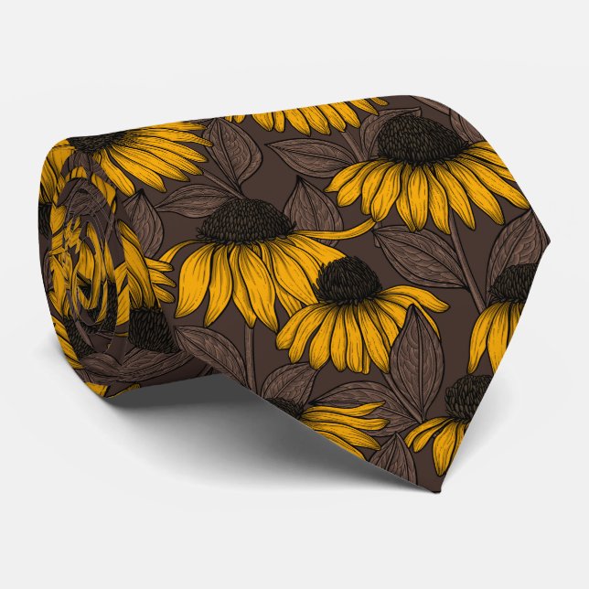Yellow coneflowers on dark brown tie (Rolled)
