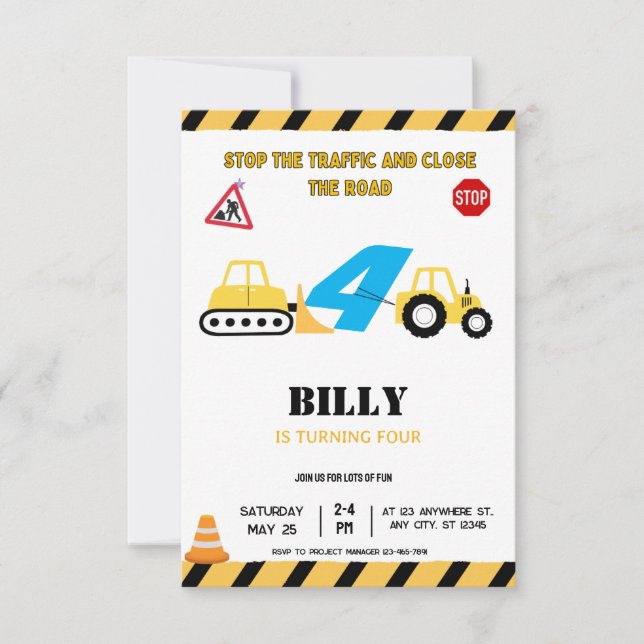 Yellow Construction 4TH Birthday Invitation (Front)