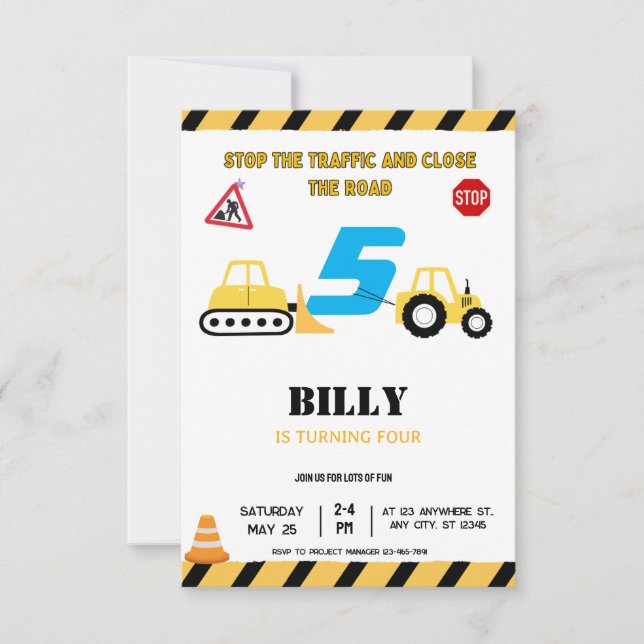 Yellow Construction 5TH Birthday Invitation (Front)