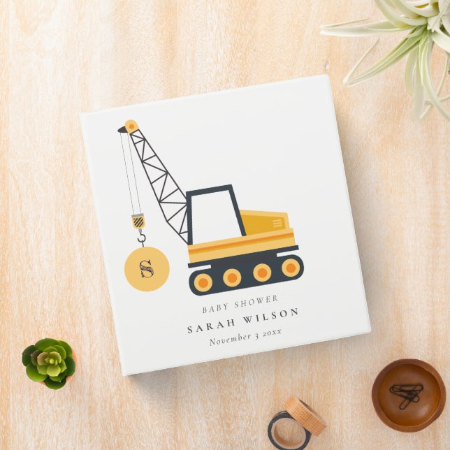 Yellow Construction Crane Vehicle Baby Shower Binder (In Situ)