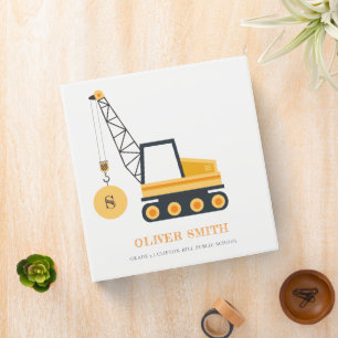 Yellow Construction Crane Vehicle Monogram Boys Binder