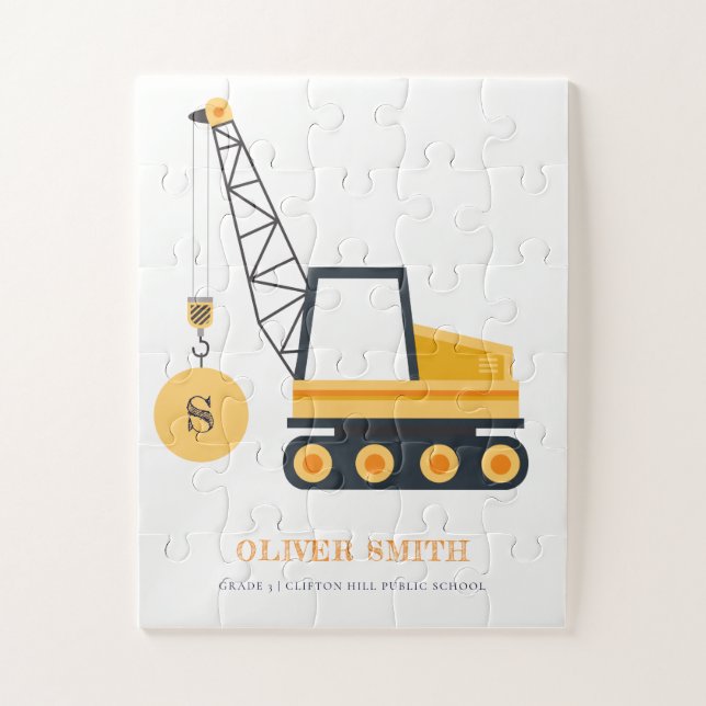 Yellow Construction Crane Vehicle Monogram Boys Jigsaw Puzzle (Vertical)
