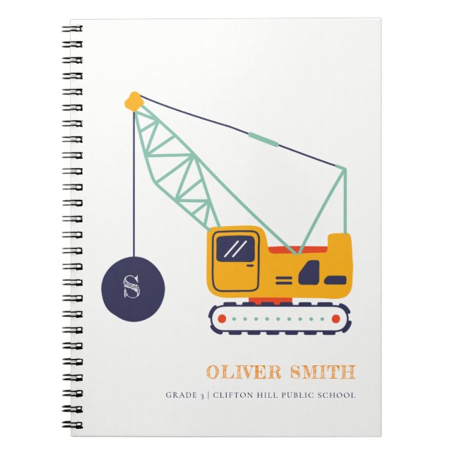 Yellow Construction Crane Vehicle Monogram Boys Notebook (Front)