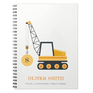 Yellow Construction Crane Vehicle Monogram Boys Notebook