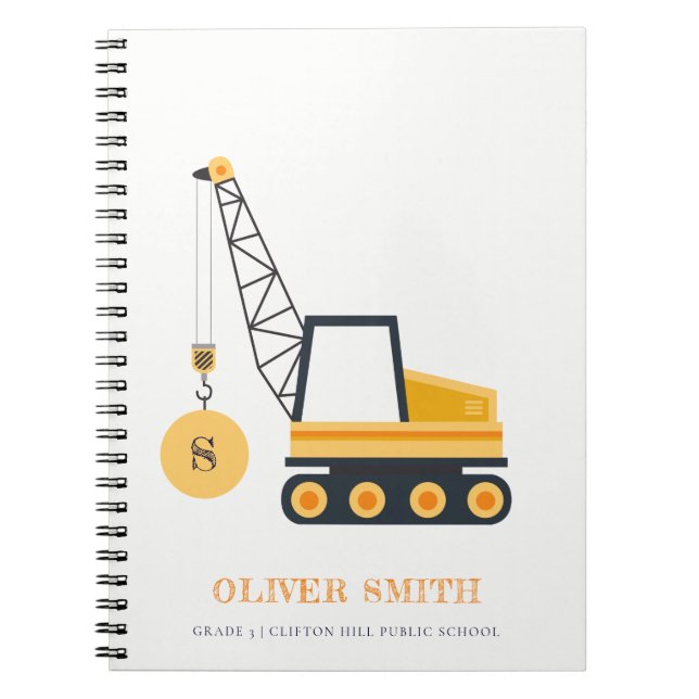 Yellow Construction Crane Vehicle Monogram Boys Notebook (Front)