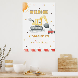 Yellow Construction Digger Brithday Party Welcome Poster